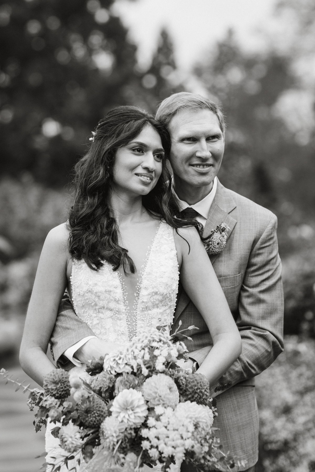 black and white couples portrait before Morris Arboretum wedding ceremony