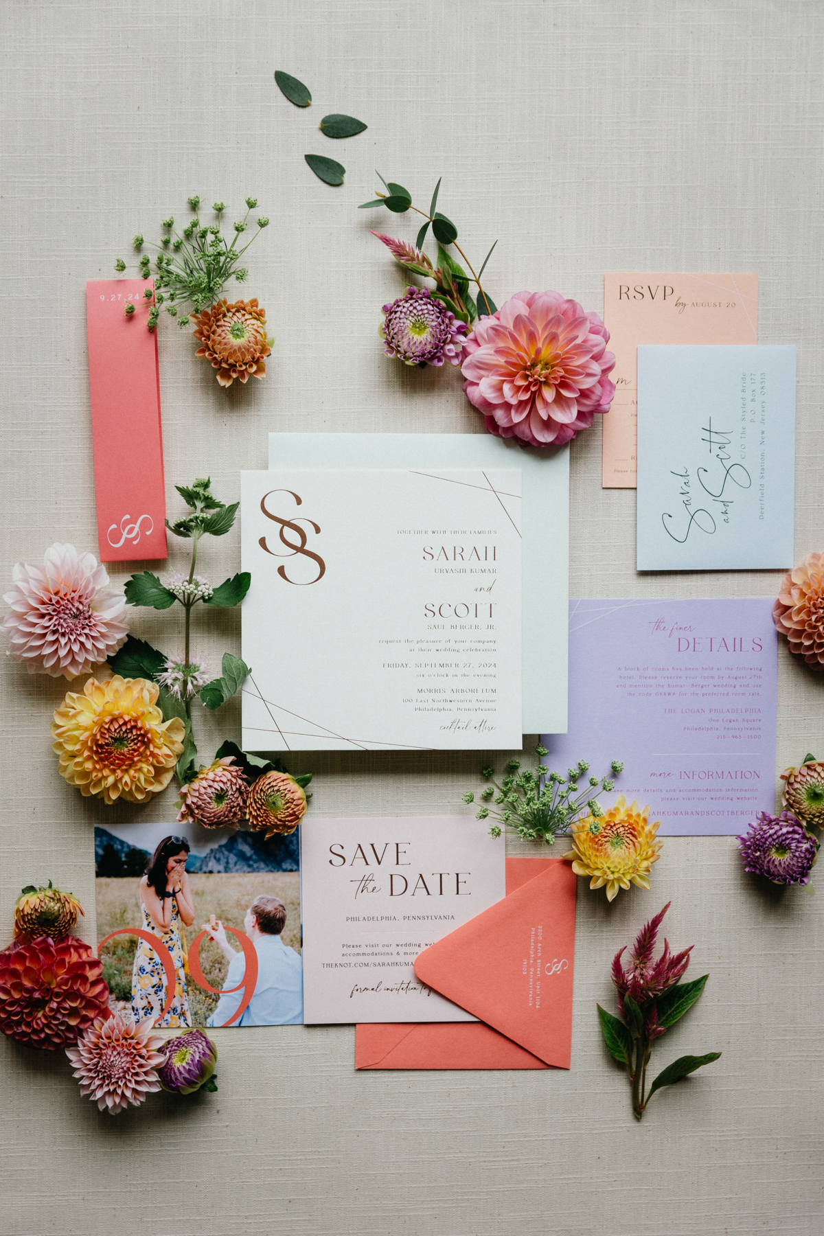colorful modern wedding flat lay