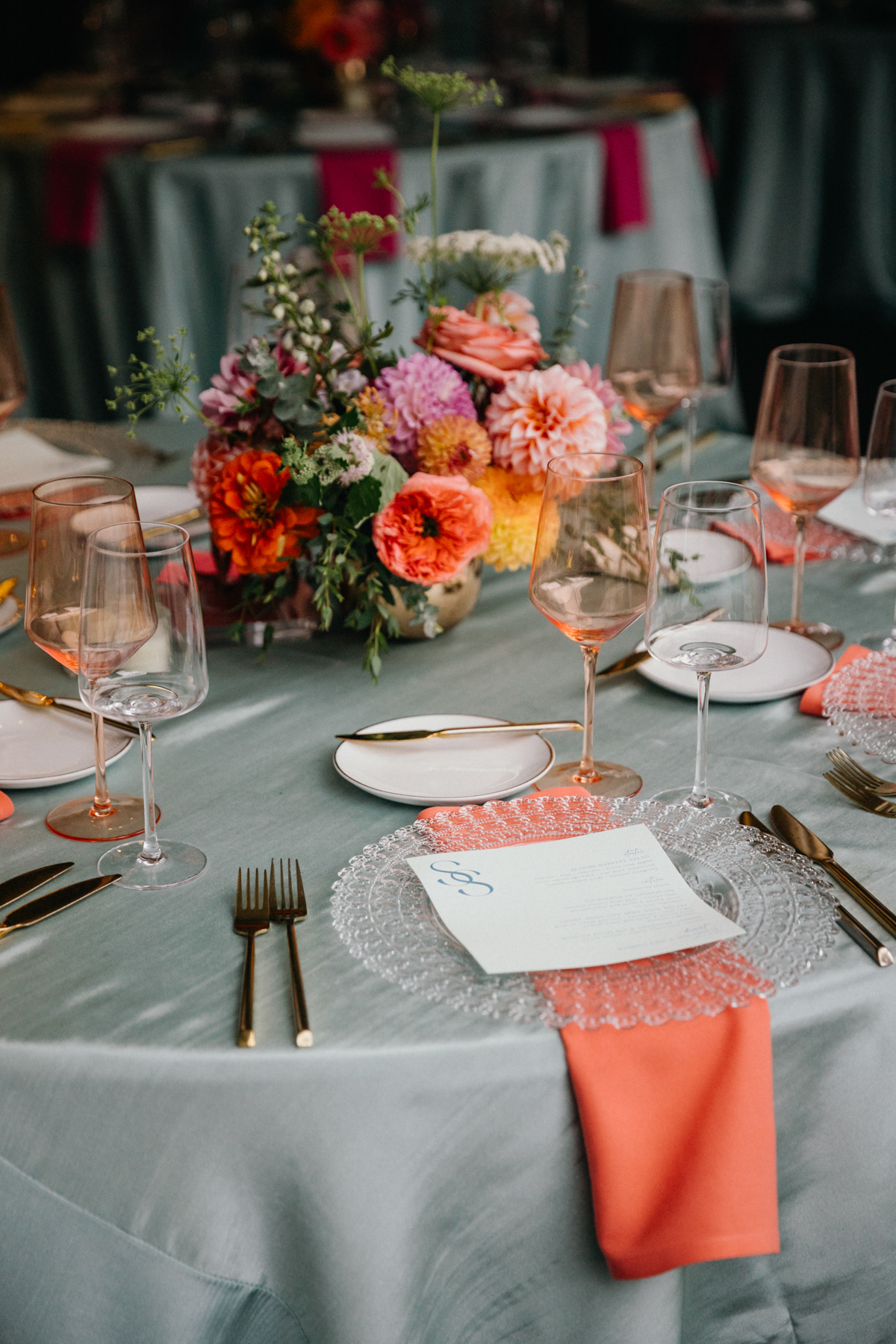 modern and colorful Morris Arboretum wedding reception tablescape 