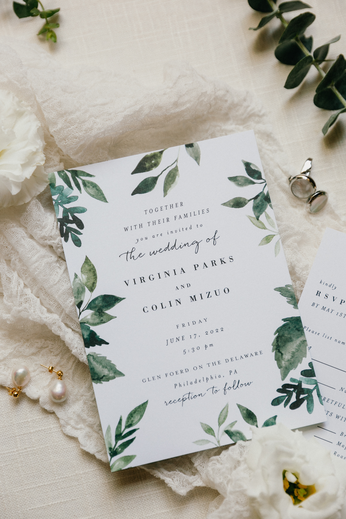 Detail of wedding invitation on antique desk - glen foerd wedding