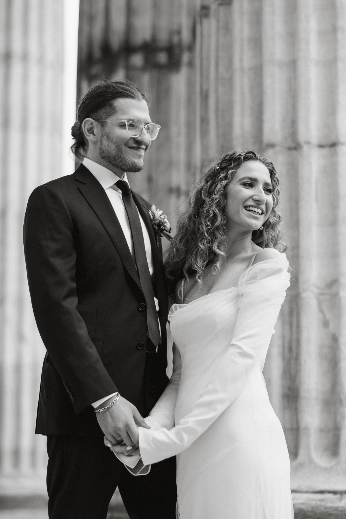 Couple sharing a laugh during Old City wedding portraits. – Philadelphia wedding photographer.