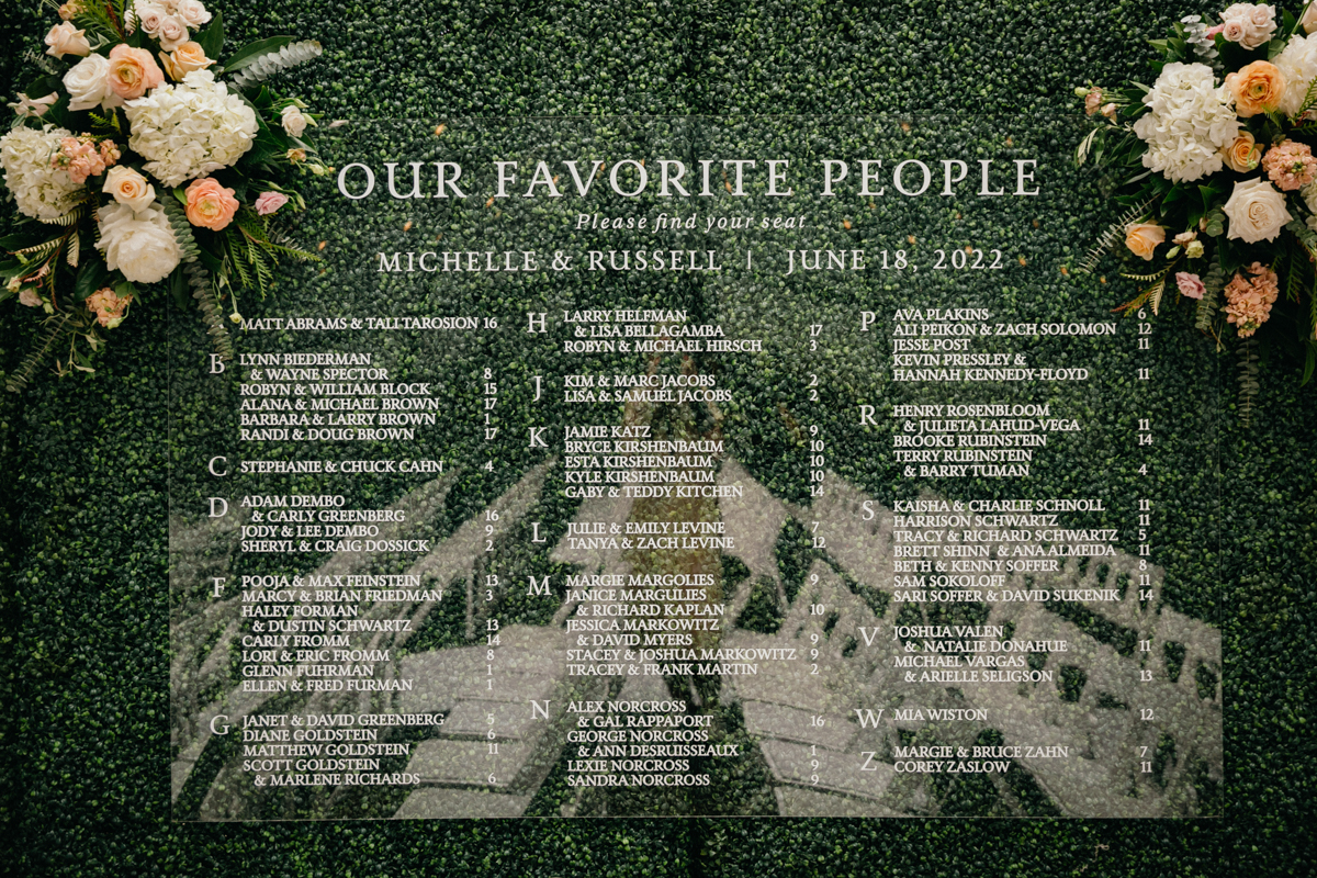 Close-up of the modern glass seating chart with city reflections – Editorial photographer, Philadelphia wedding
