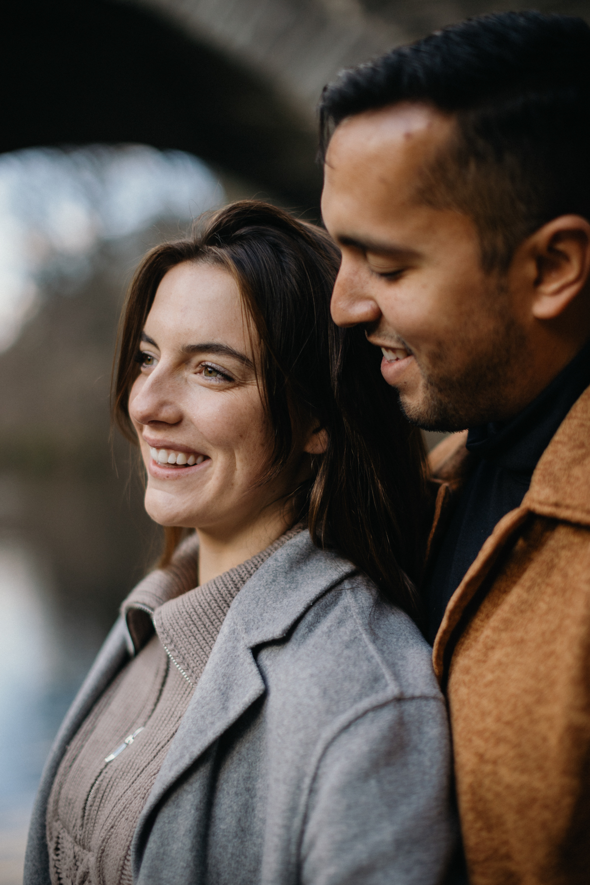 Simple, relaxed moment in Wissahickon park engagement photos