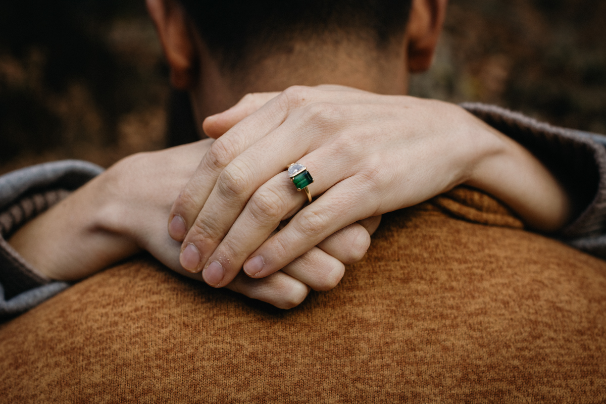 Nontraditional engagement ring photographer at Wissahickon engagement