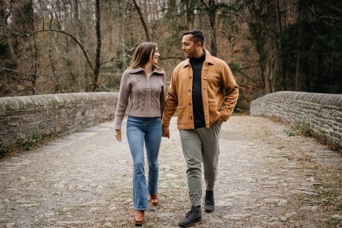 Romantic forest bridge in Wissahickon engagement photos