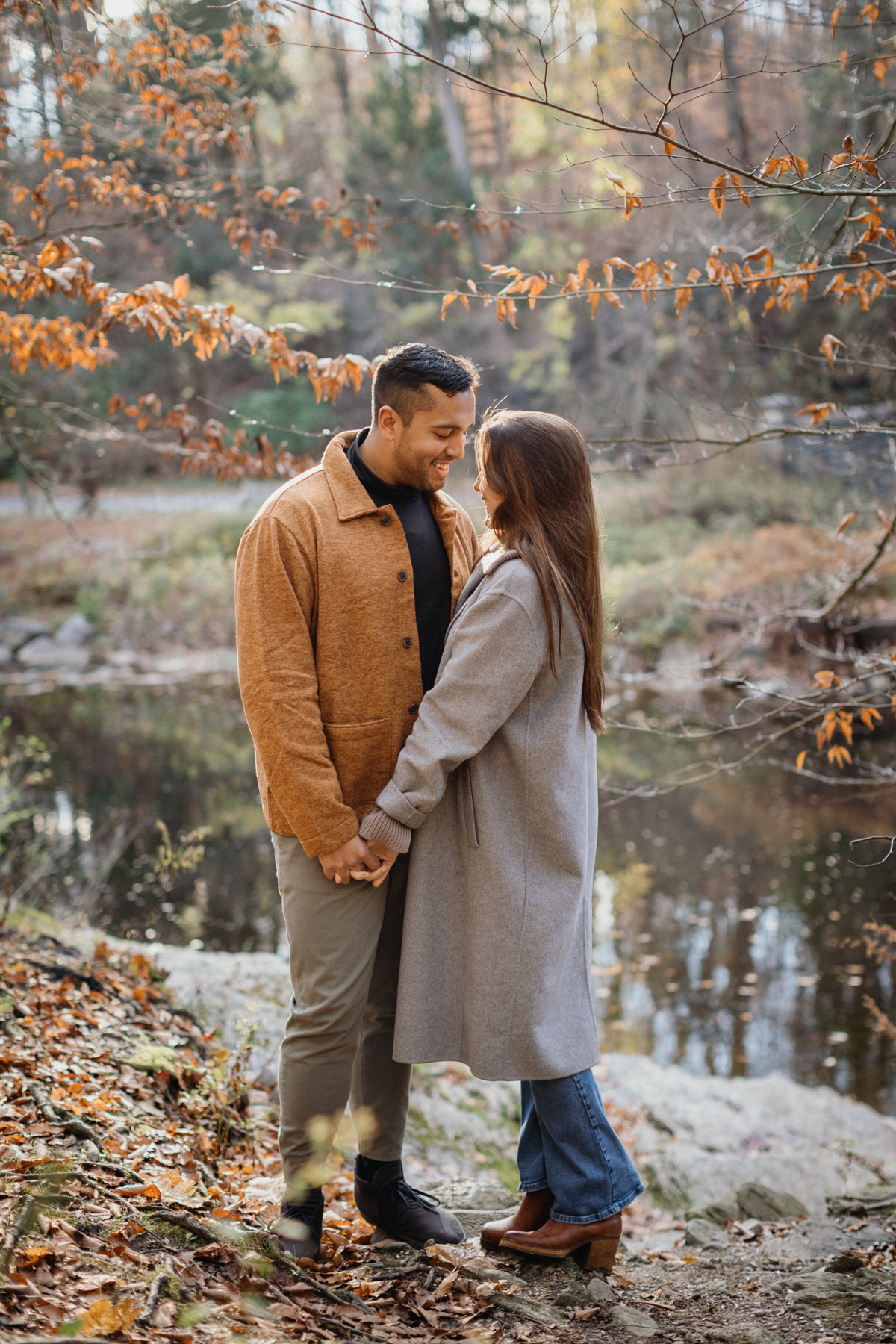 Romantic fall scene from Wissahickon engagement session