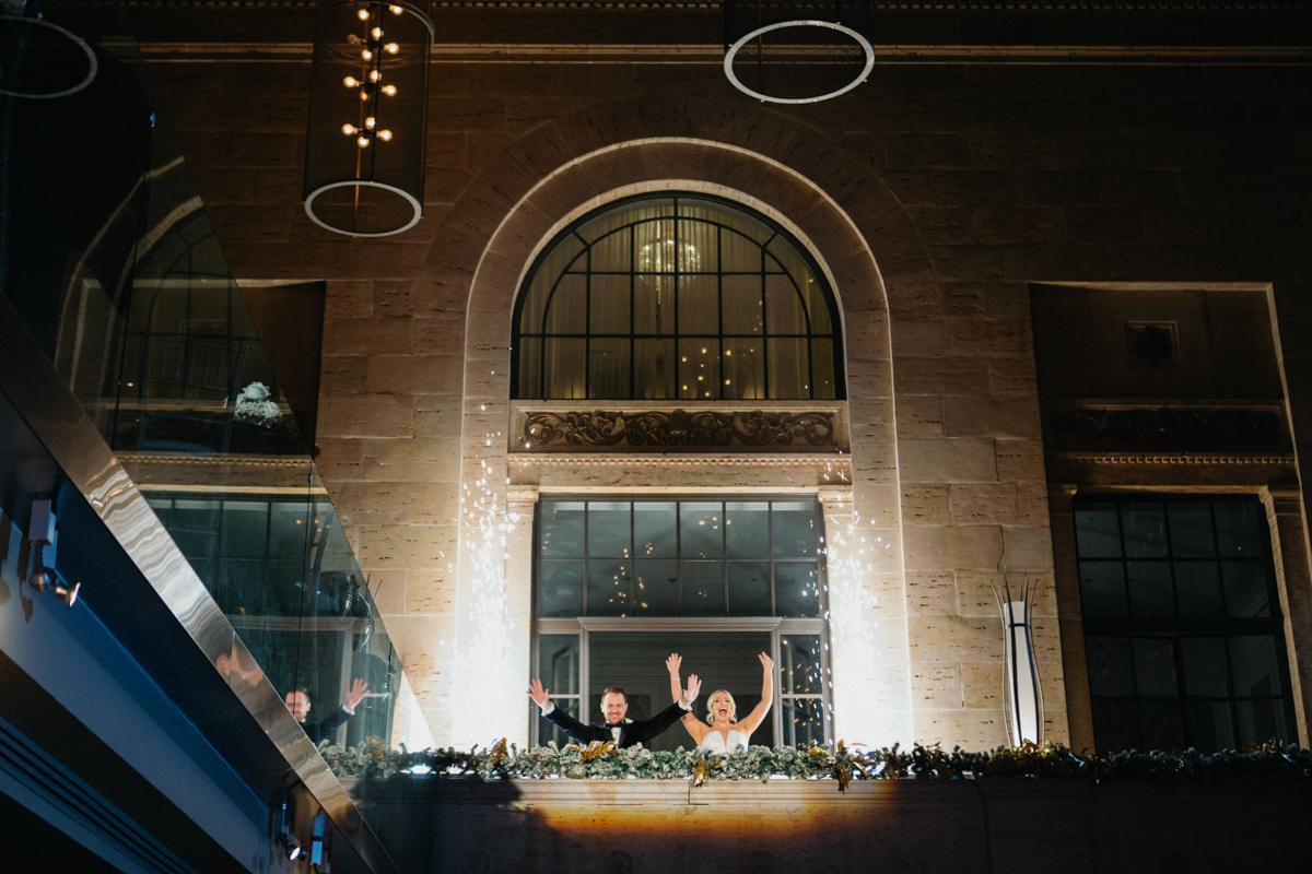 Sparkler-filled entrance from the balcony at Union Trust wedding reception