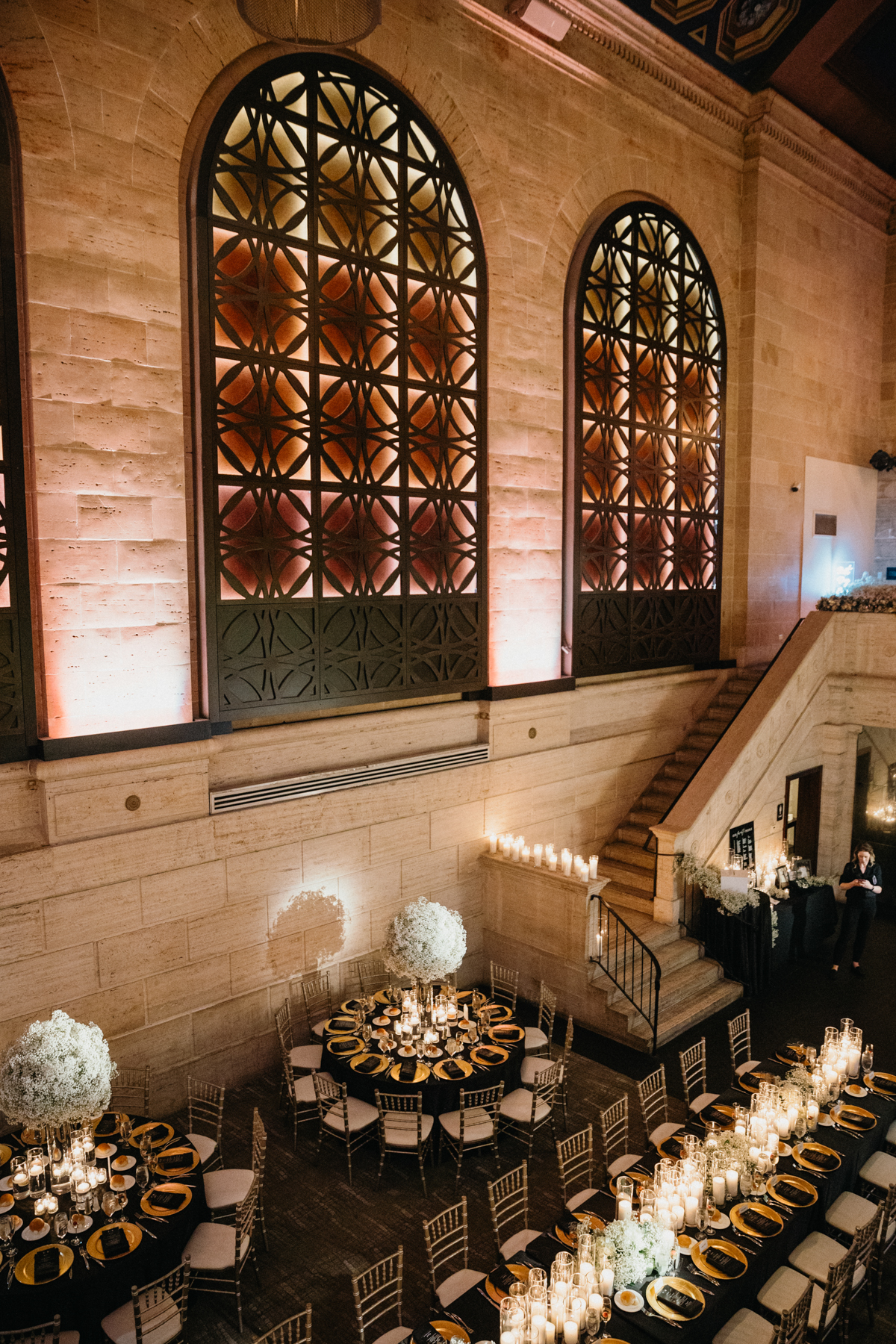Union Trust wedding reception decor under vaulted ceilings in Philadelphia
