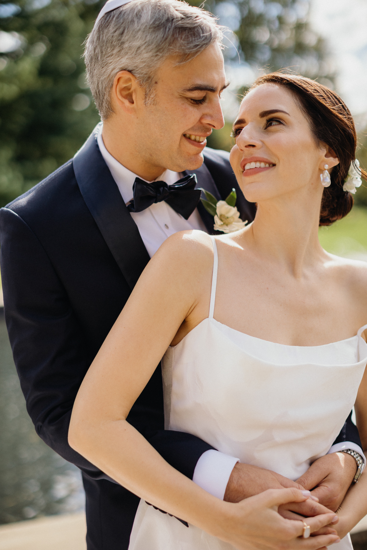 Playful moment between the couple outside the Horticulture Center