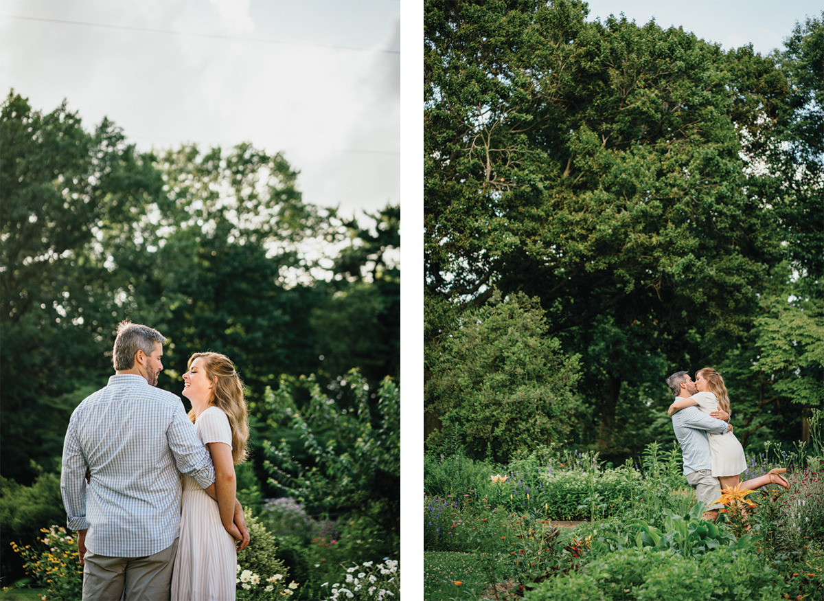 Sweet floral background engagement photo at Bartram’s Garden