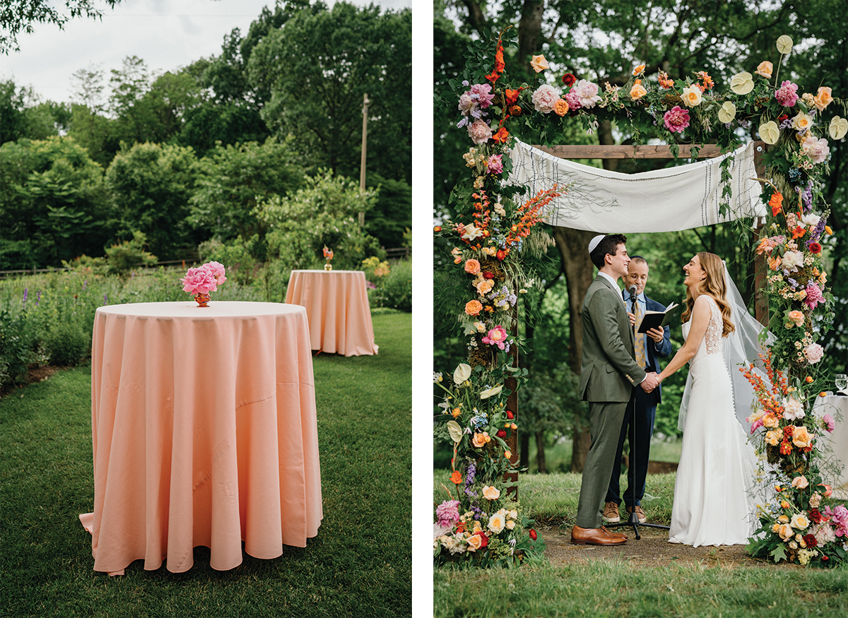 Bartram’s Garden wedding photo showing floral arrangement in ceremony space, waterfront wedding venue in Philadelphia
