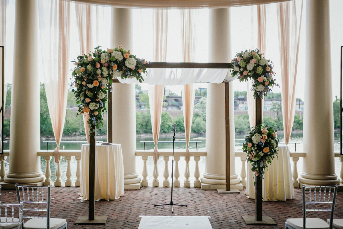 Waterworks wedding photo showing ceremony setup with river views