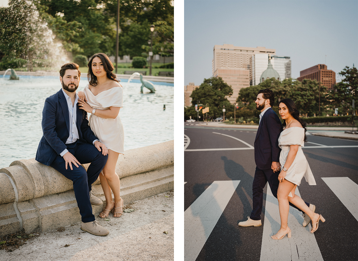 Couple crossing the street at golden hour in Center City Philadelphia