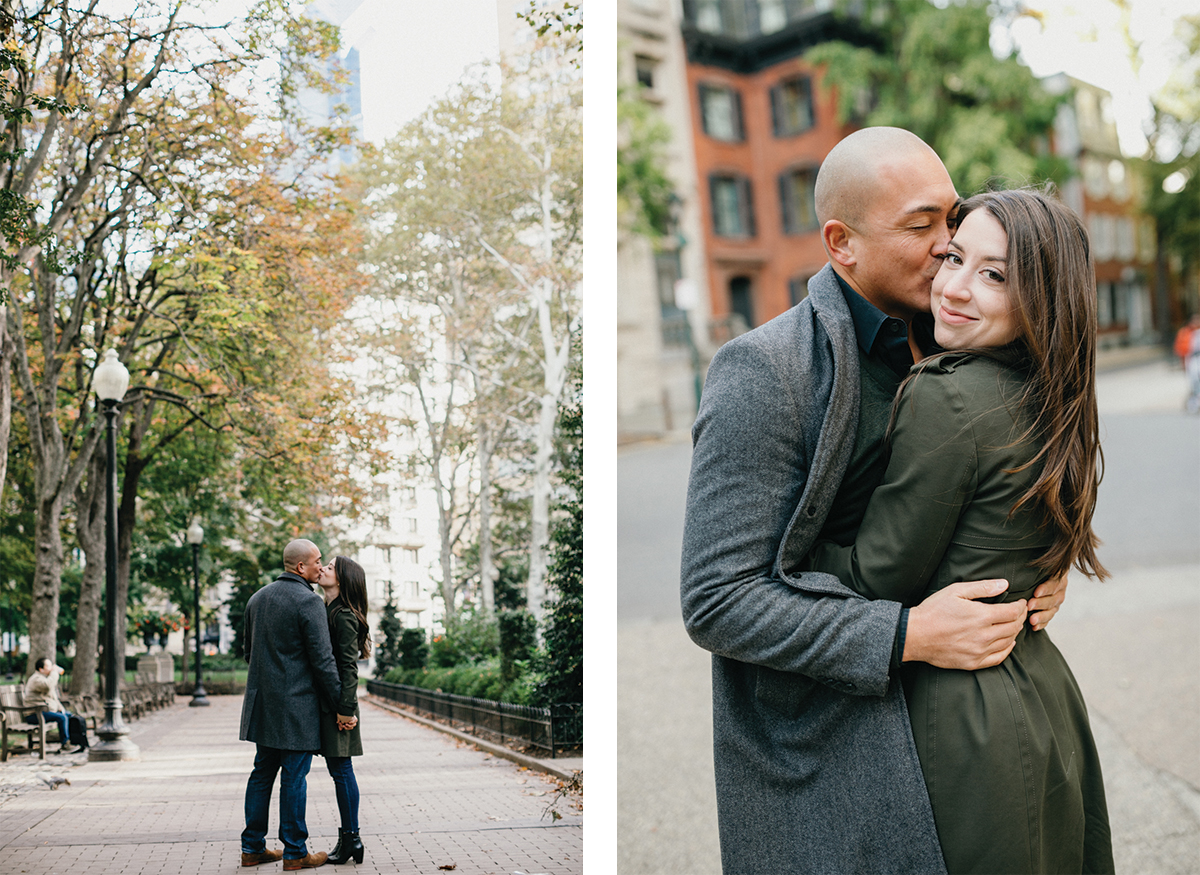 Embracing under fall leaves in Rittenhouse for Philadelphia engagement