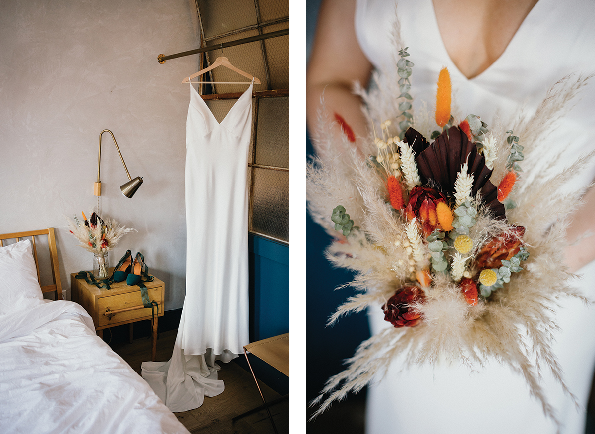 Wedding dress hanging at Lokal Hotel before Philadelphia ceremony