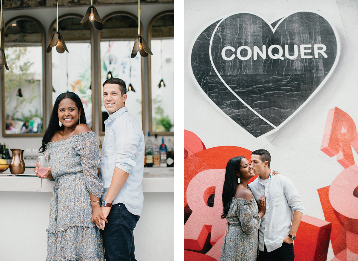 Colorful mural as backdrop in Fishtown engagement session