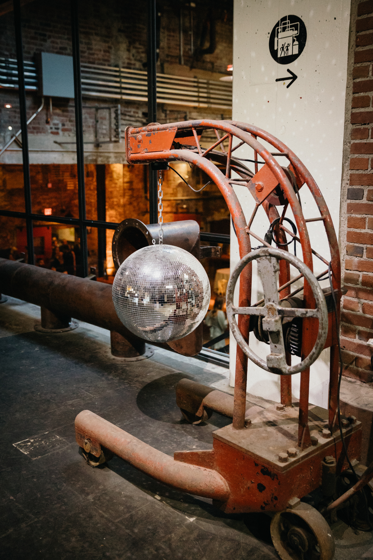 Reception decor at Global Dye Works with disco balls