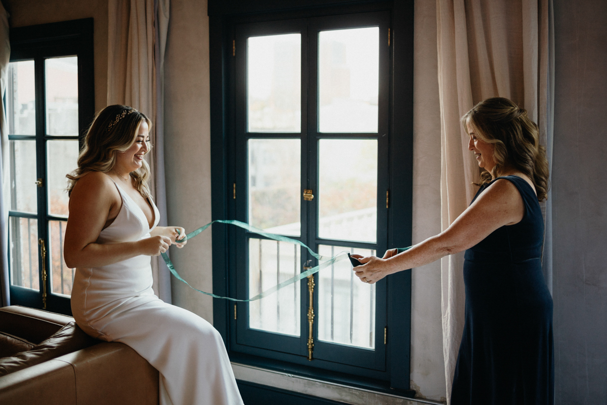 Bride getting ready with natural light in Old City for Global Dye Works wedding
