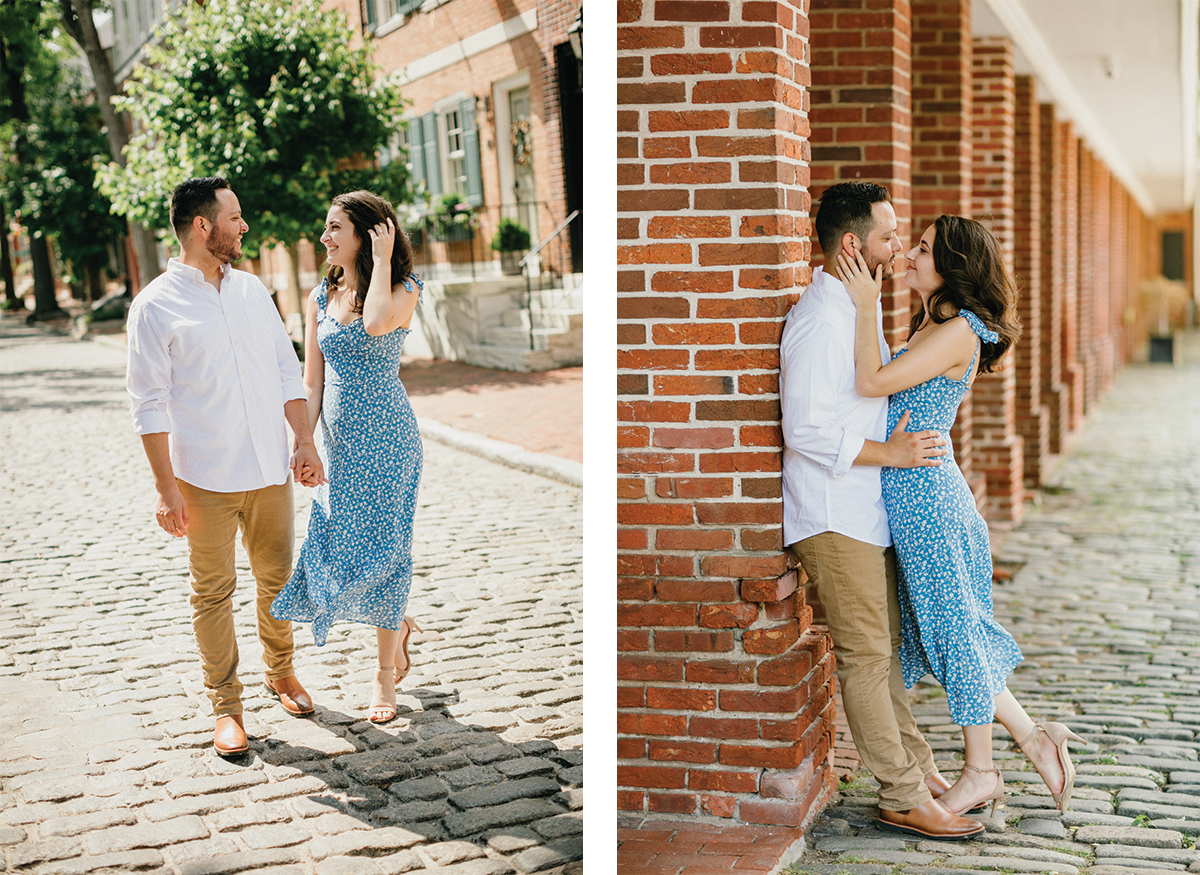 Philadelphia engagement photos on cobblestone streets of Society Hill