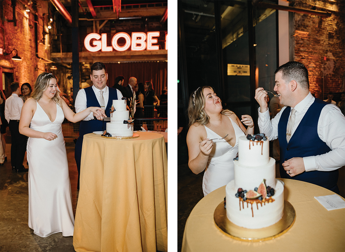 Philly wedding photographer captures candid cake cutting at Global Dye Works