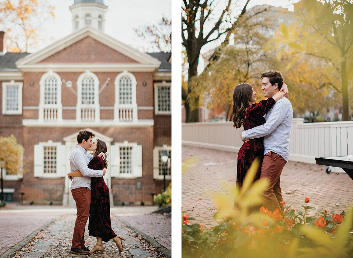Walking through Independence Park for romantic engagement photos in Philadelphia