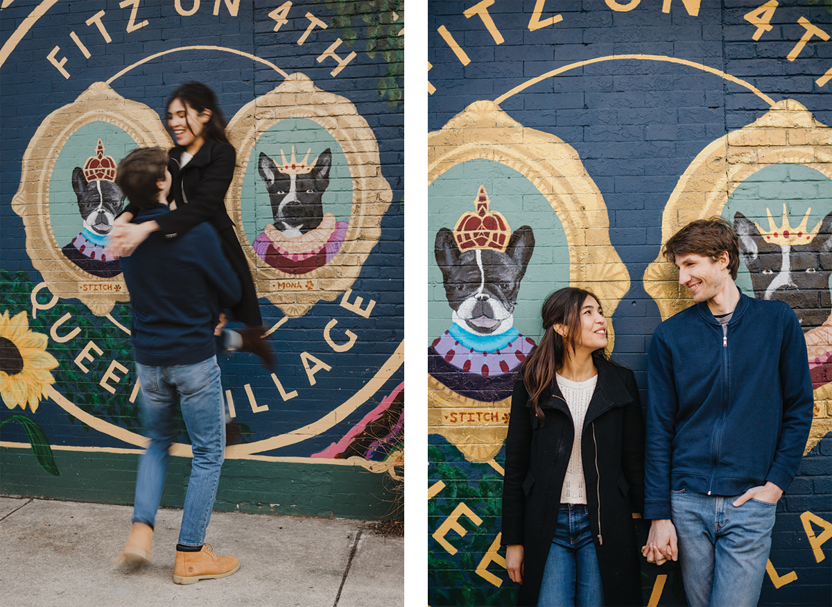 Couple standing with Fitz on 4th mural in Queen Village