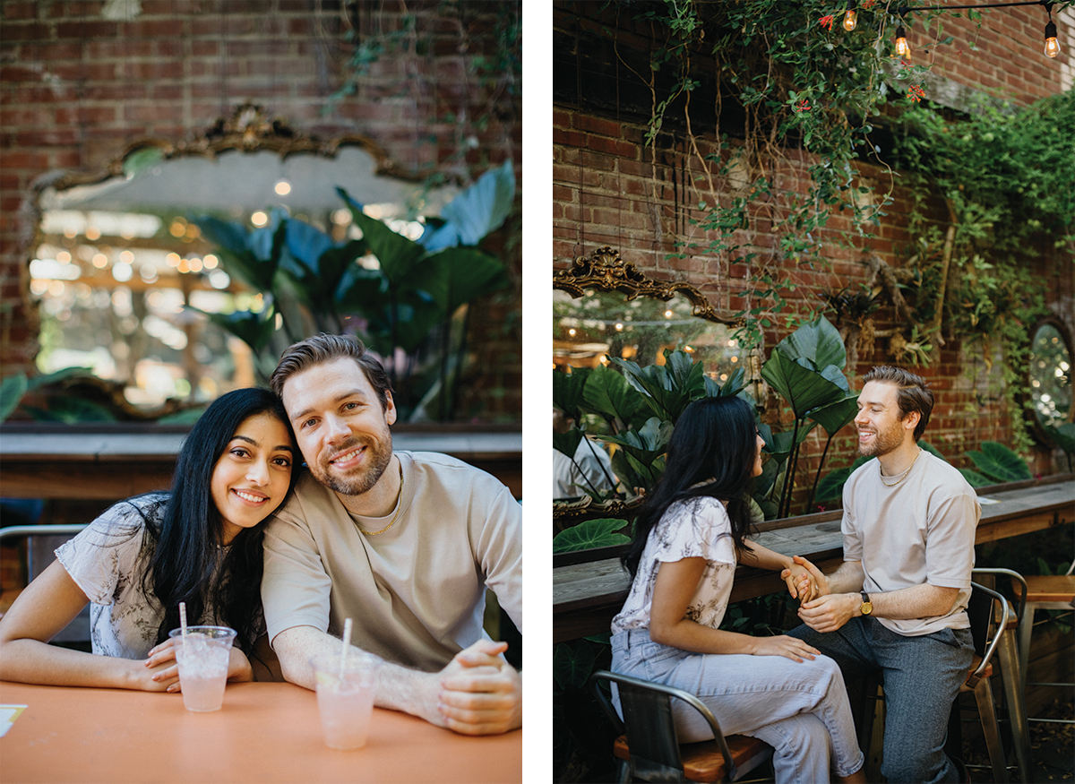 Neon-lit kiss during evening South Philly engagement shoot