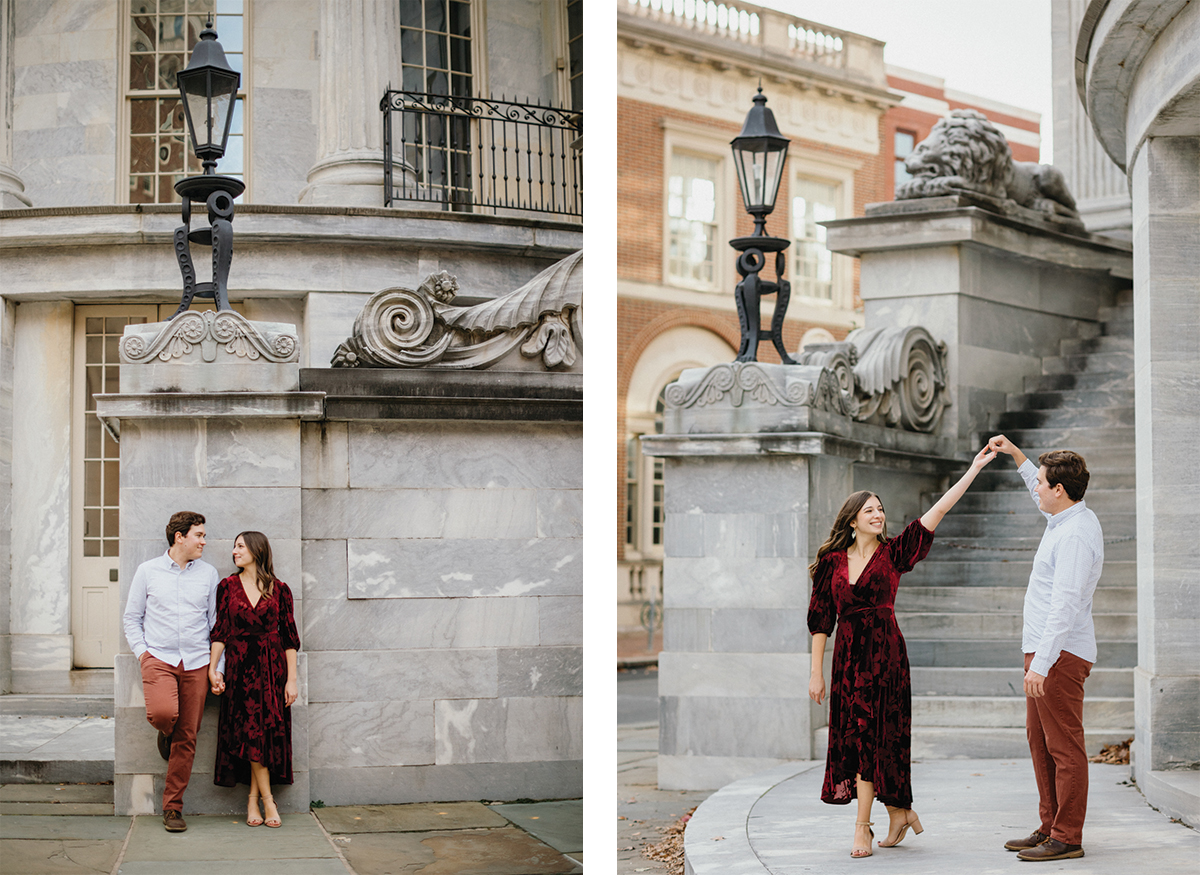 Couple walking side by side on cobblestones in Merchants Exchange