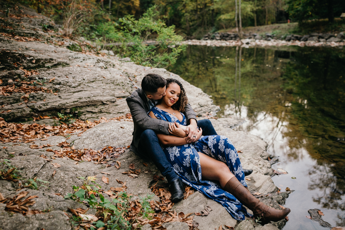 Lush forest trail portrait during Wissahickon engagement shoot