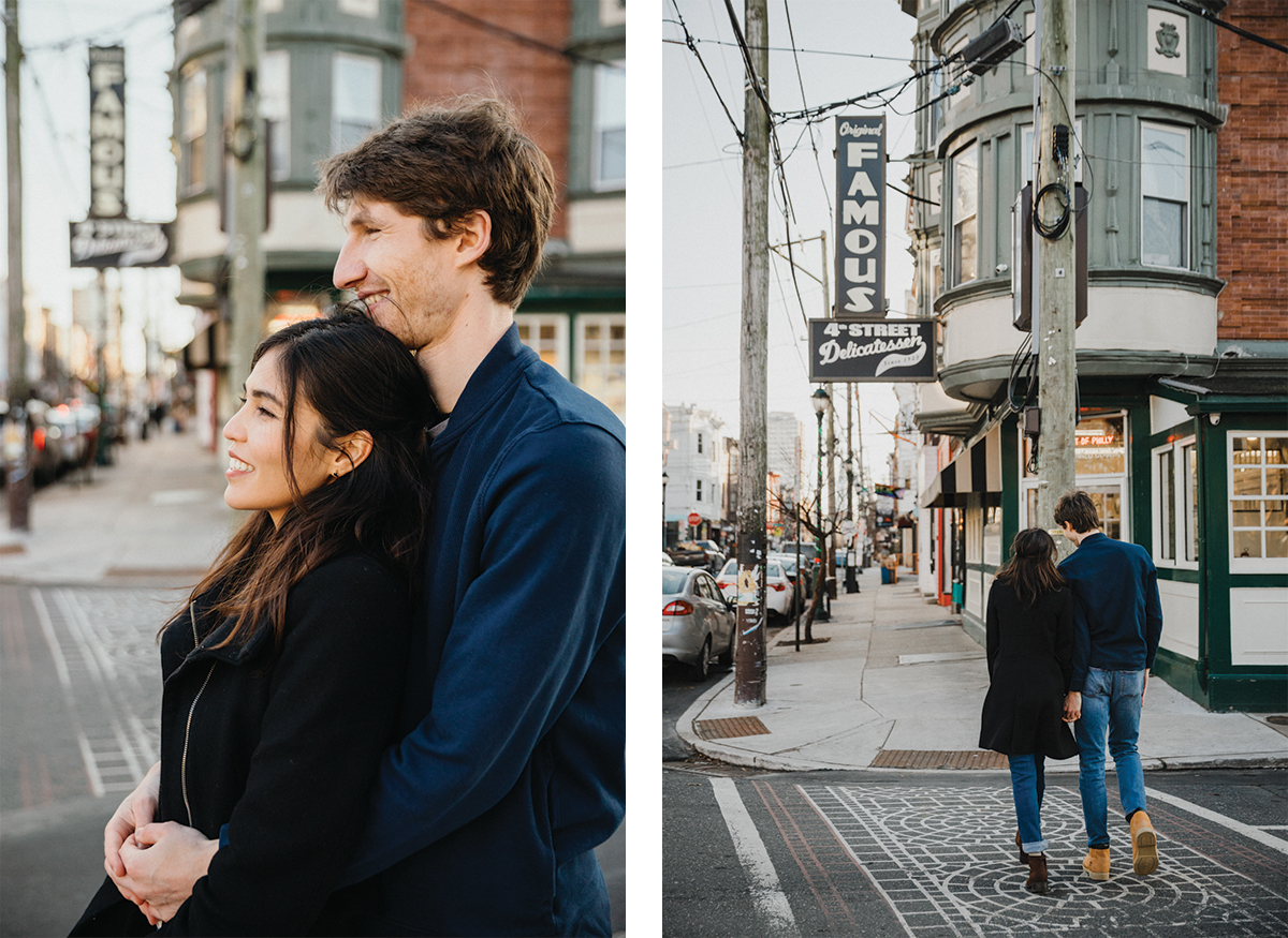 Couple embracing in empty alley in Queen Village