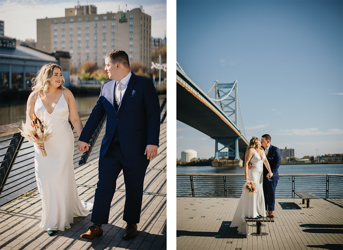 First look moment under the bridge at Race Street Pier, Philly wedding photographer