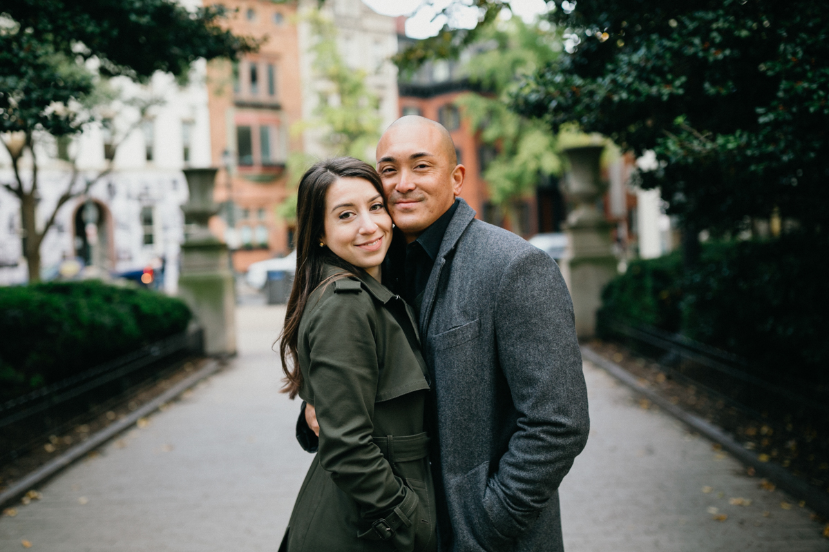 Soft golden hour light at Rittenhouse Square engagement shoot