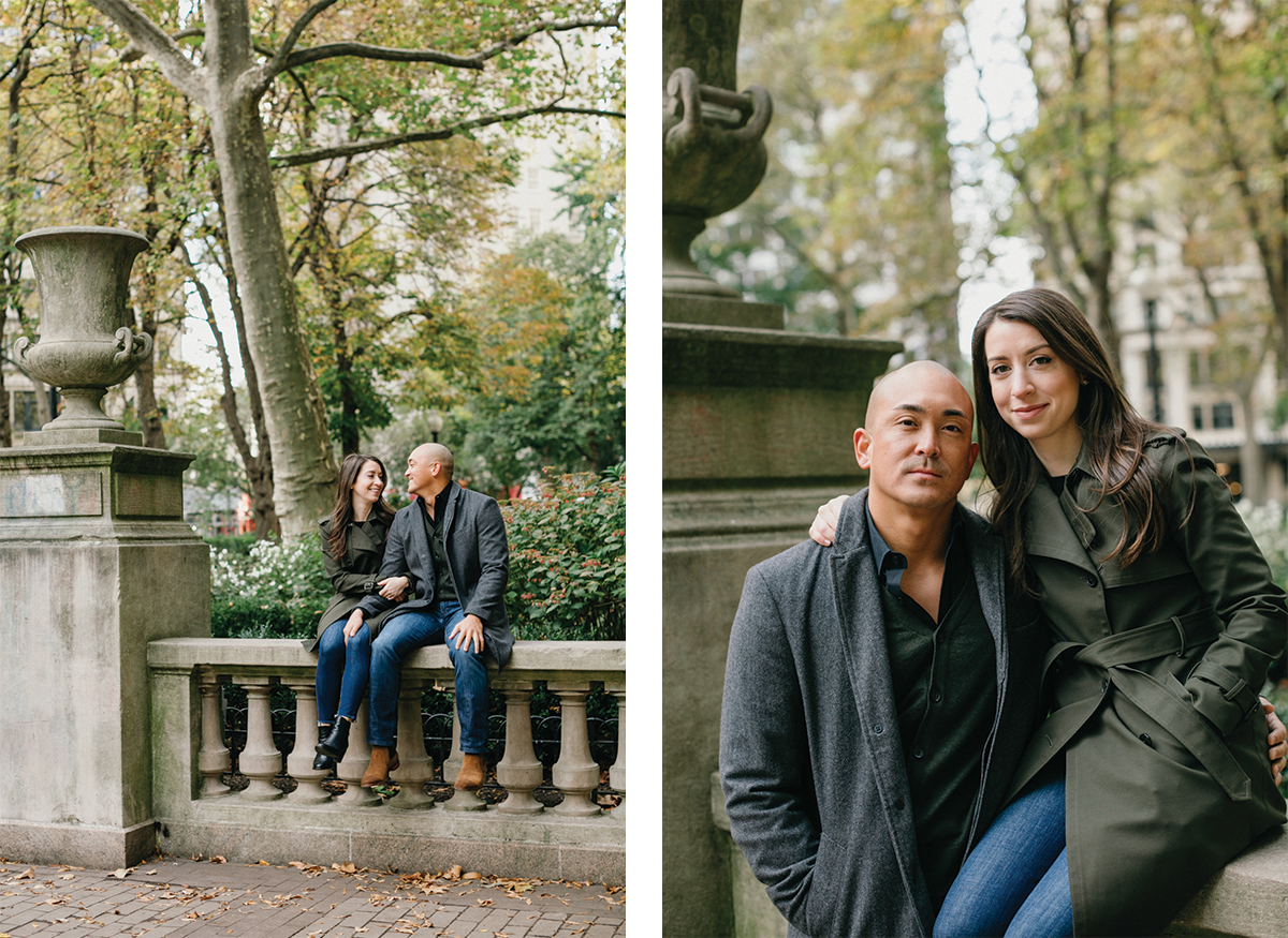 Rittenhouse Square park bench moment during Philly engagement photos