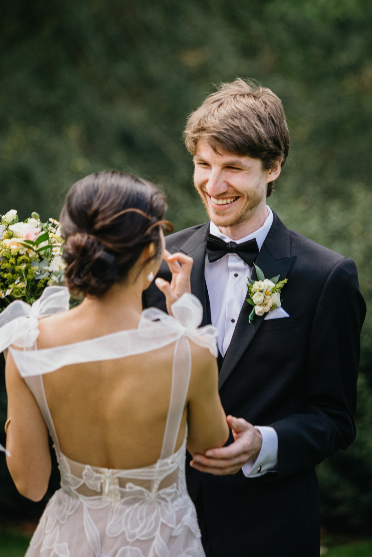 Bride and groom first look at Awbury wedding