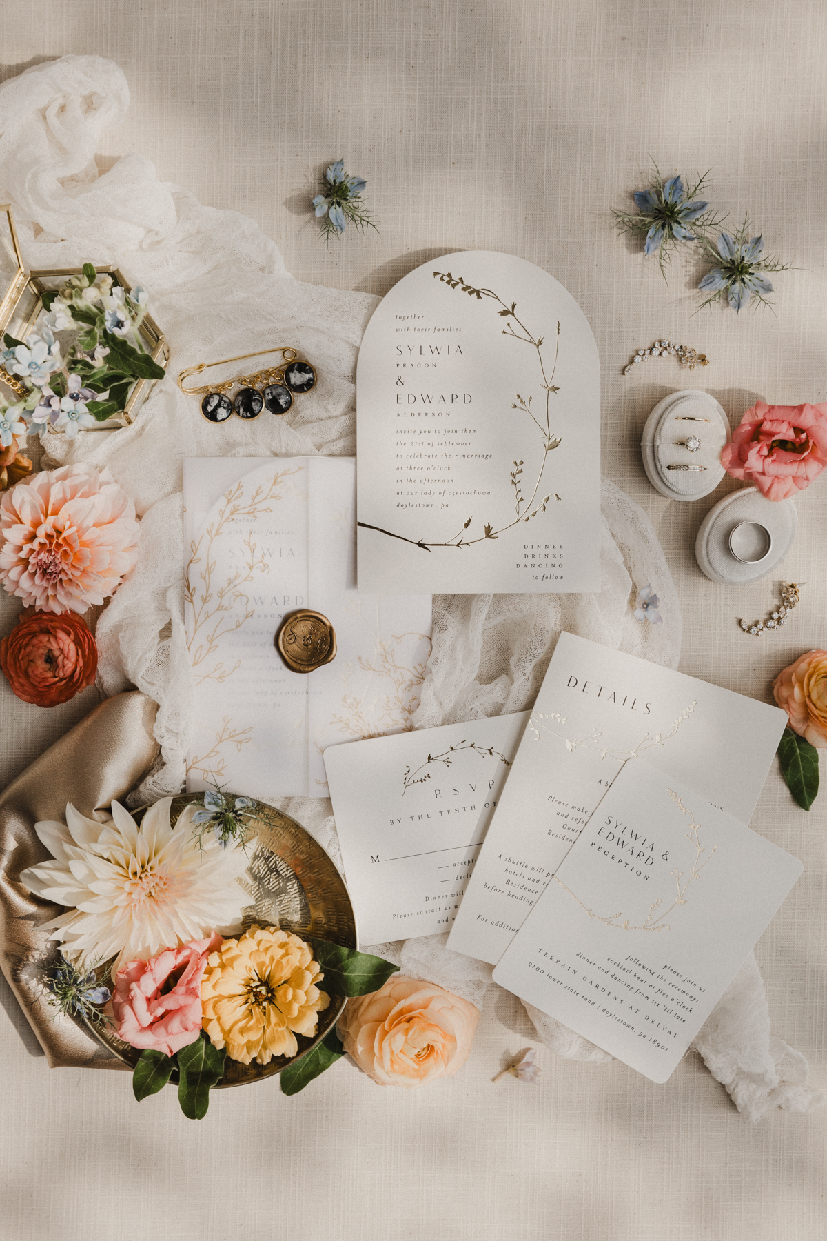 Wedding invitation suite at Terrain Gardens at DelVal wedding