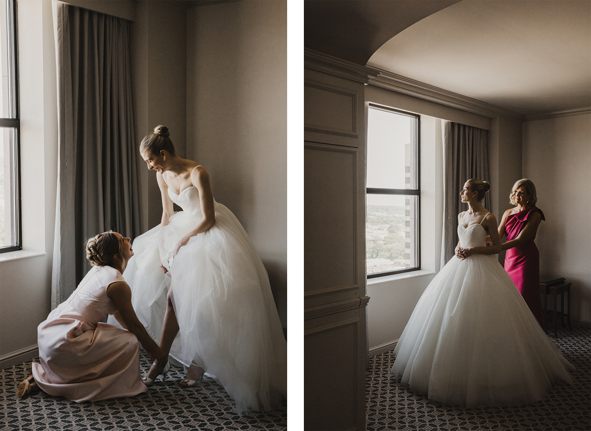 Bride getting dressed at garden wedding venue Philly
