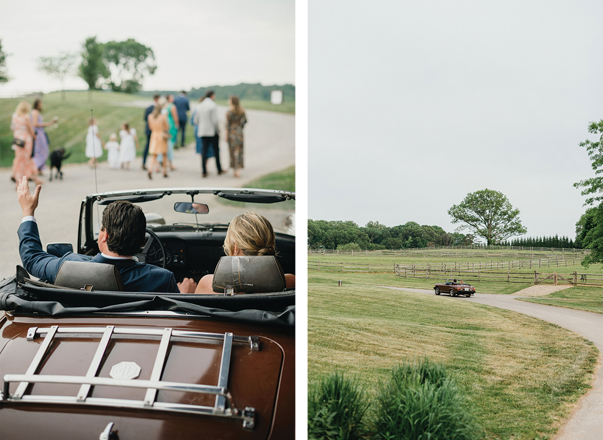 vintage car elegant backyard wedding exit