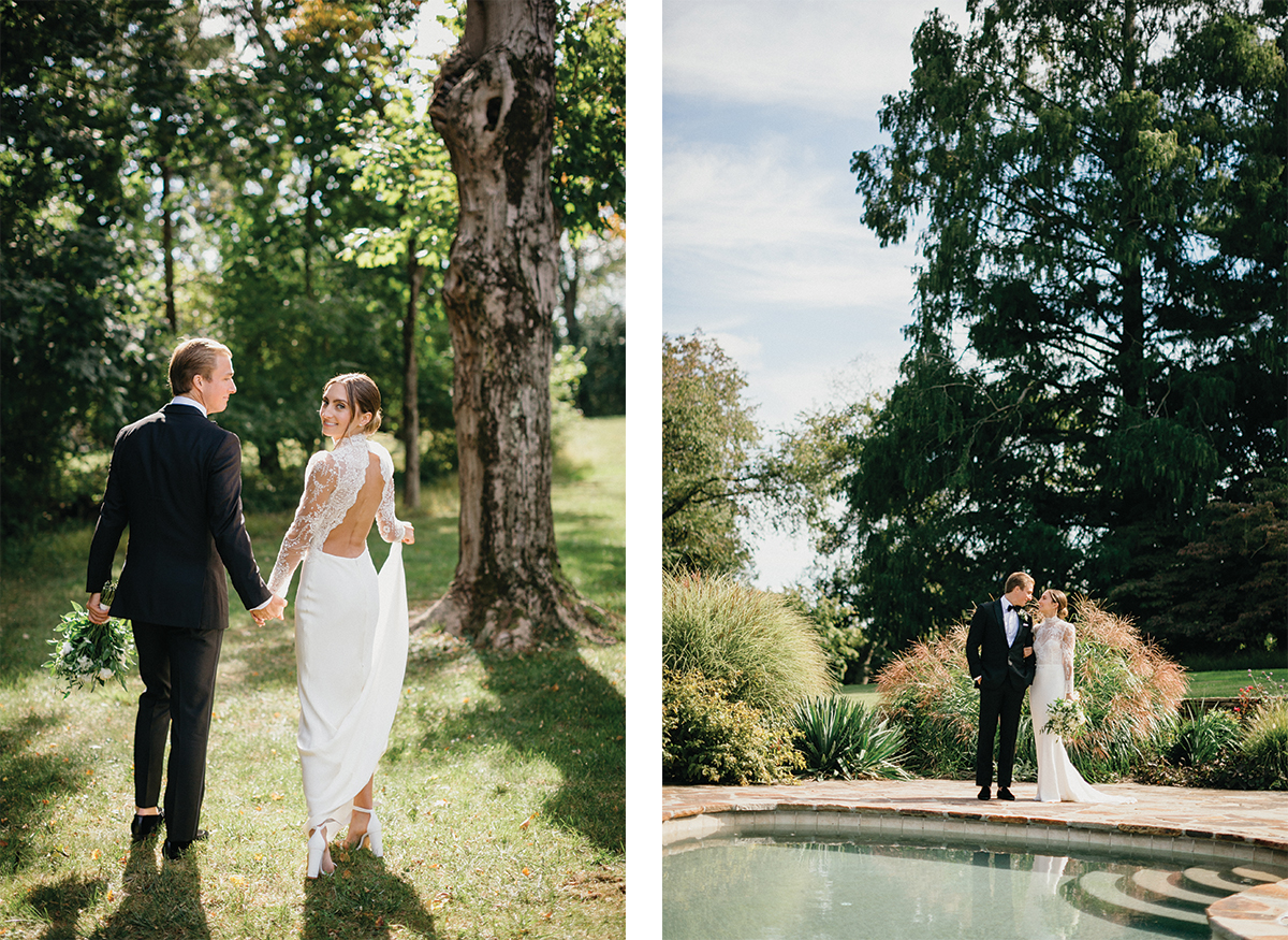 Couple walking the grounds at Radnor Hunt, a scenic wedding venue