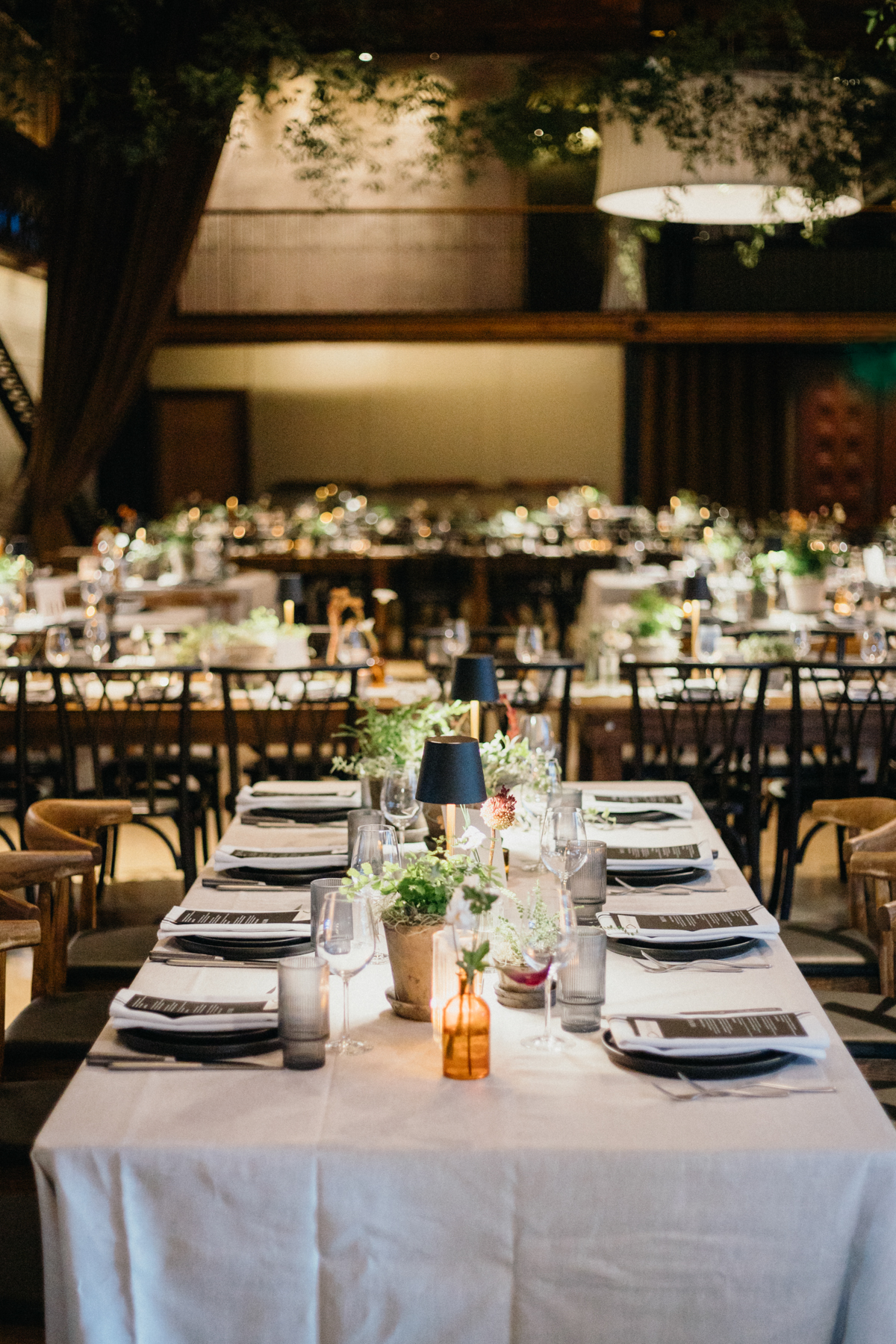 Black and white reception decor inside Philly industrial venue