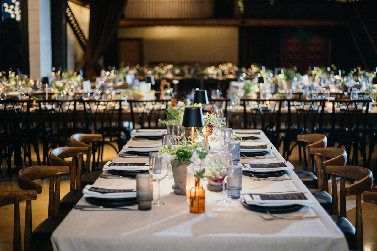 Black and white reception decor inside Philly industrial venue