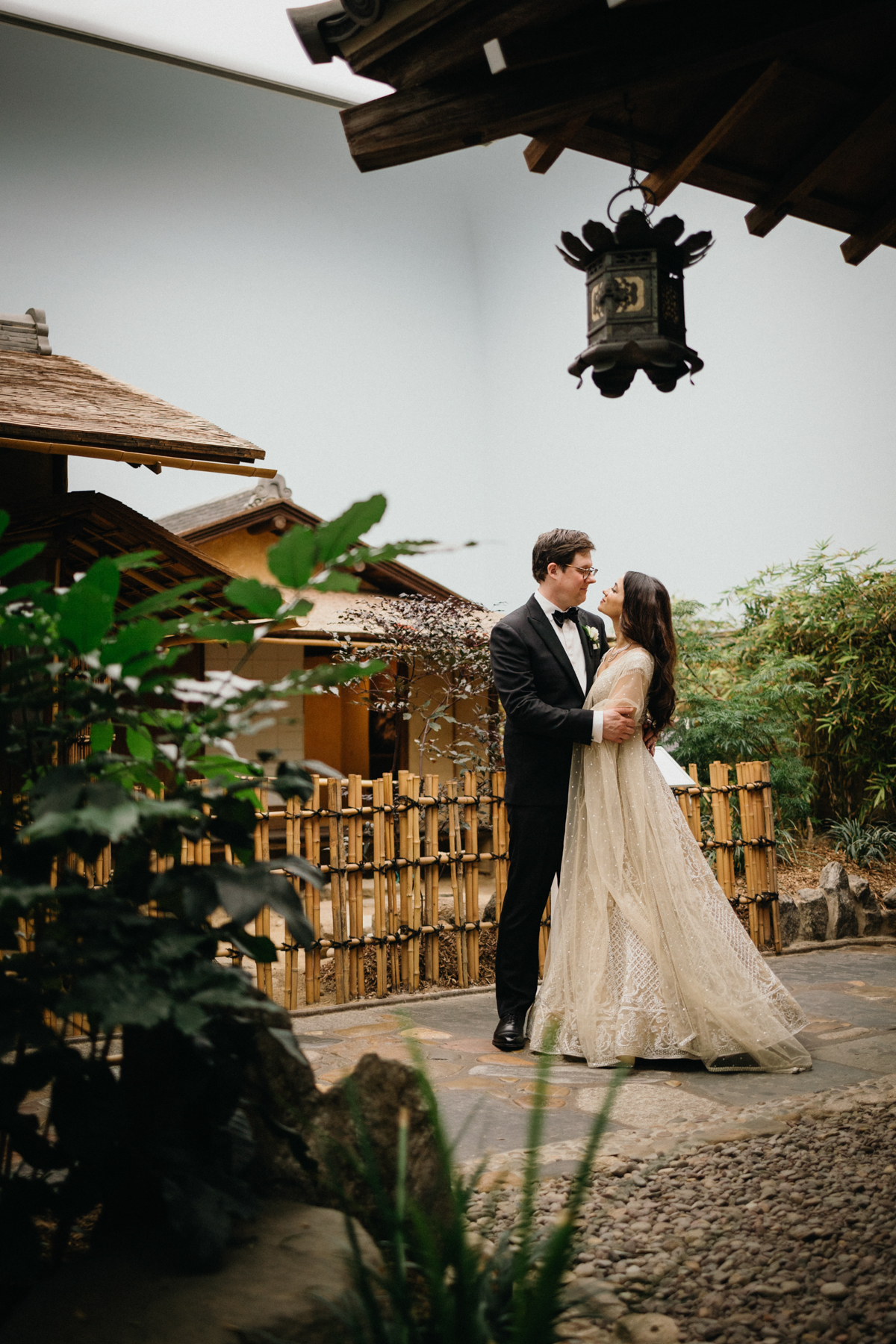 Bride and groom at Japanese teahouse