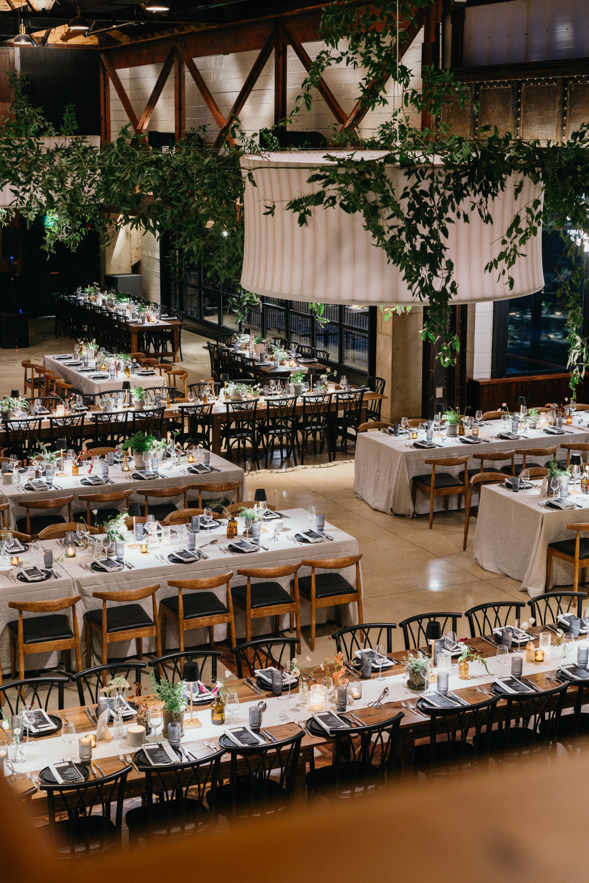 Greenery hanging from ceiling at Pencoyd Landing wedding