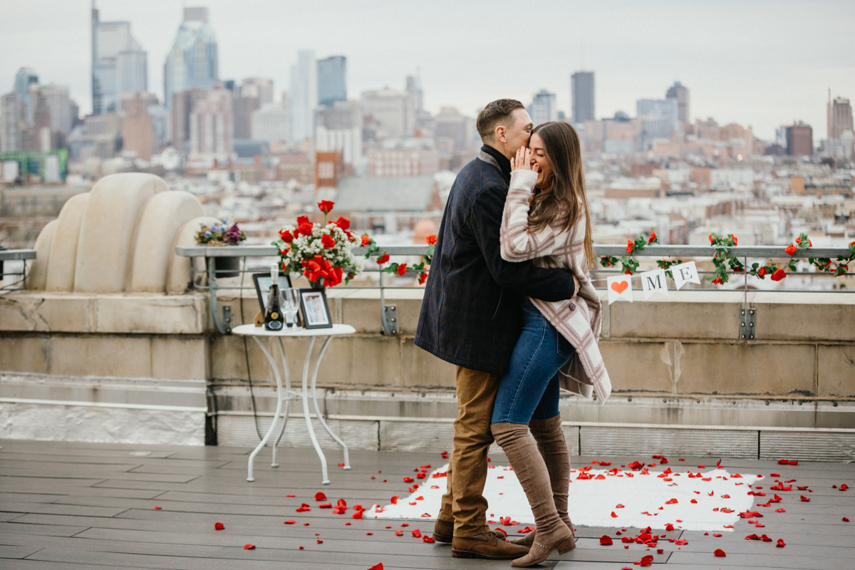 Proposal idea in Philadelphia on rooftop with banner