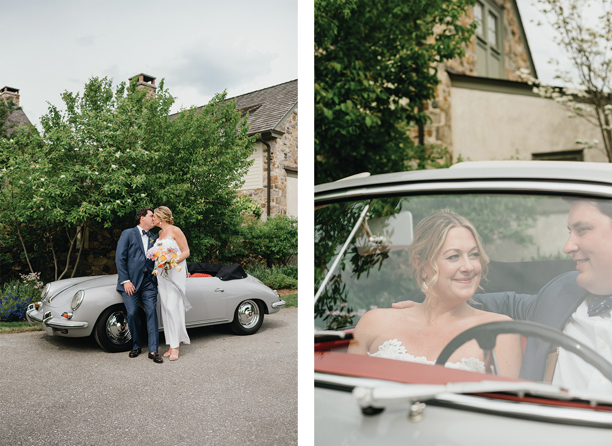 vintage car at garden wedding
