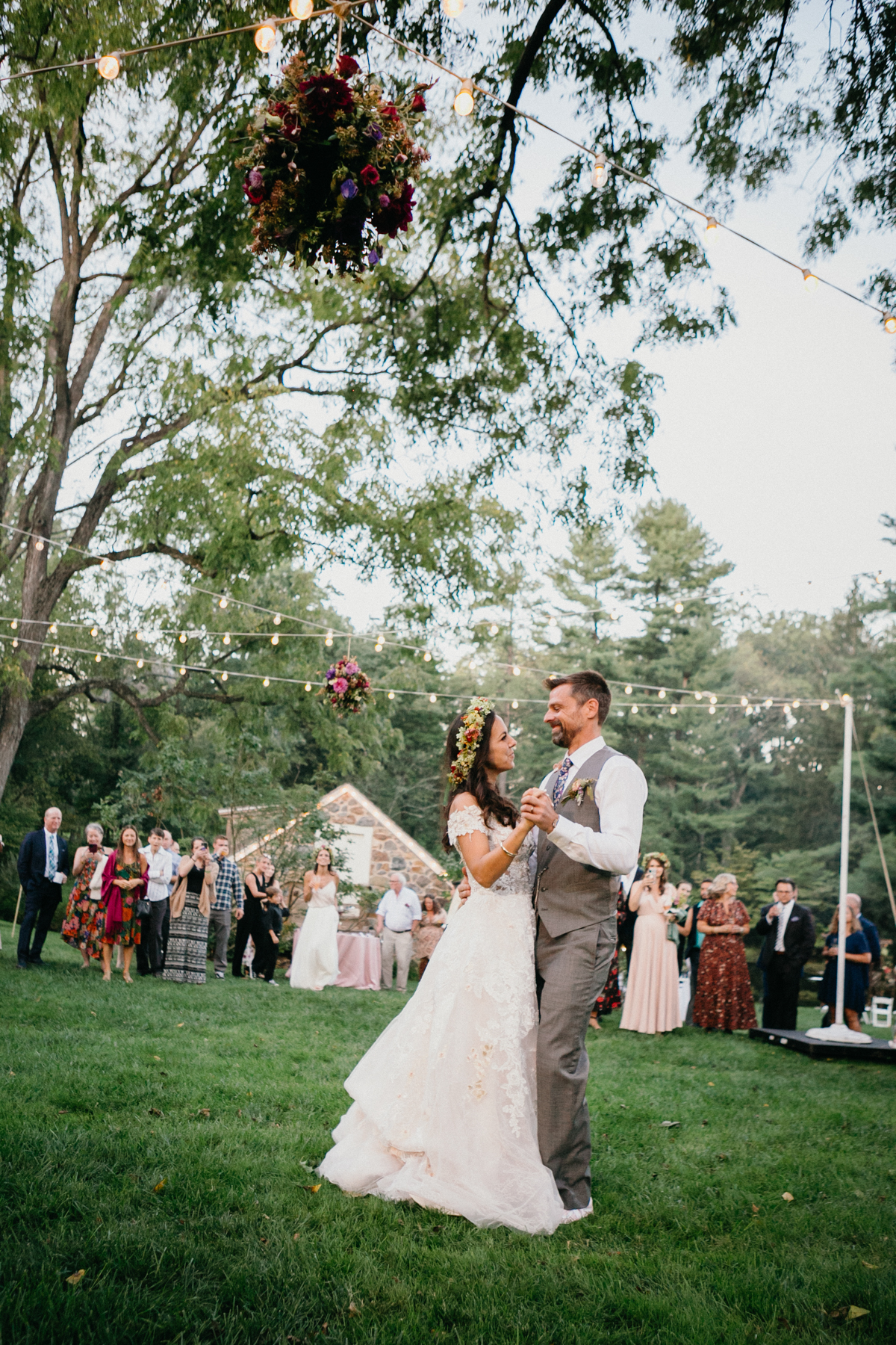 bridal flowercrown at backyard wedding
