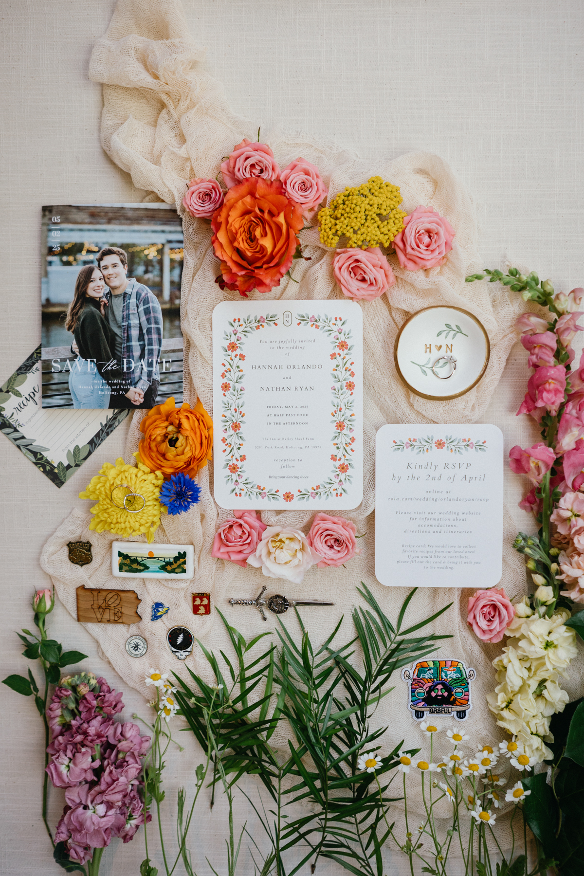 colorful flatlay with spring florals and vintage details