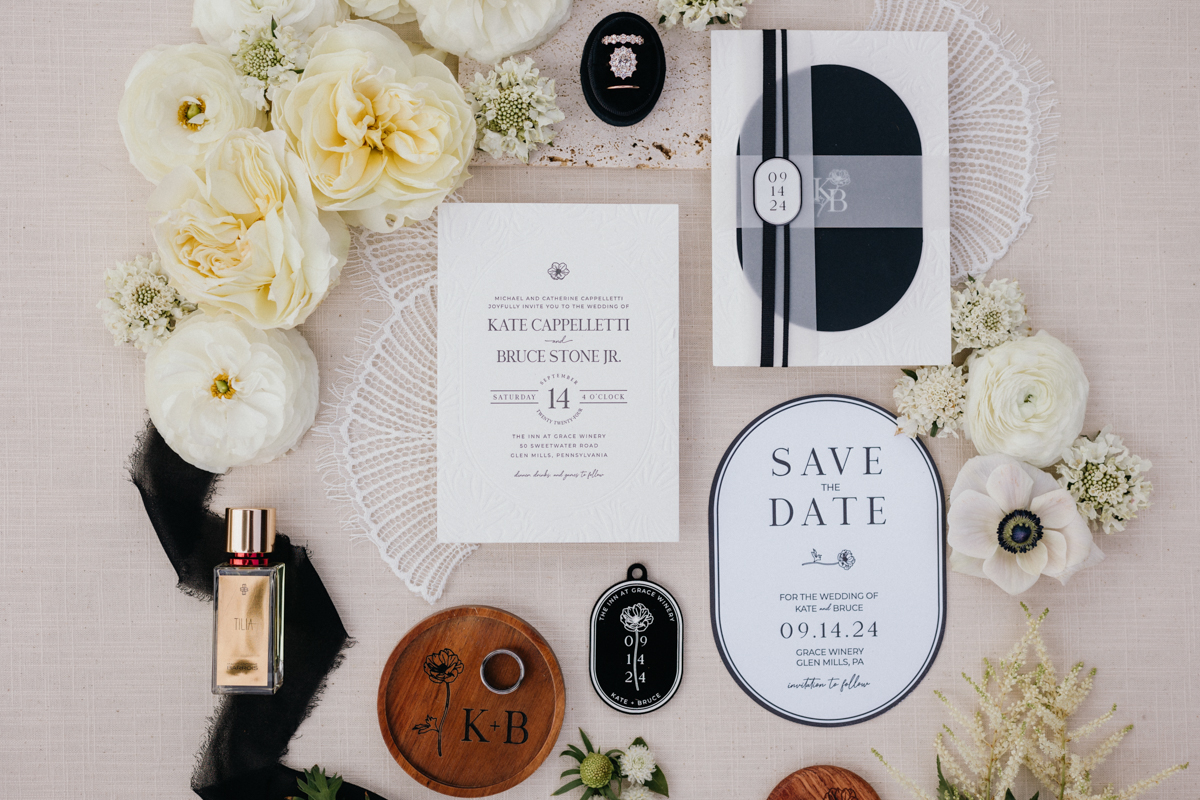 black and white wedding details