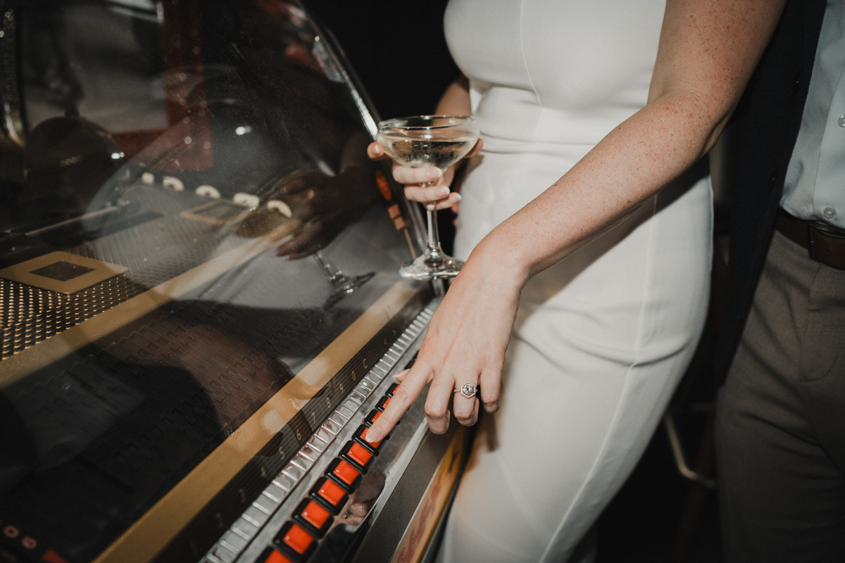 Detail shot of martini and bride’s dress at PJ Clark’s Philadelphia