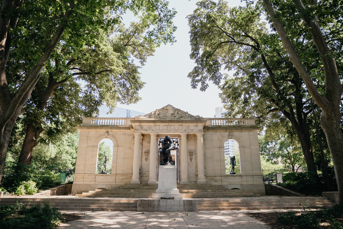 Elegant wedding couple portrait at the Rodin Museum in Philly