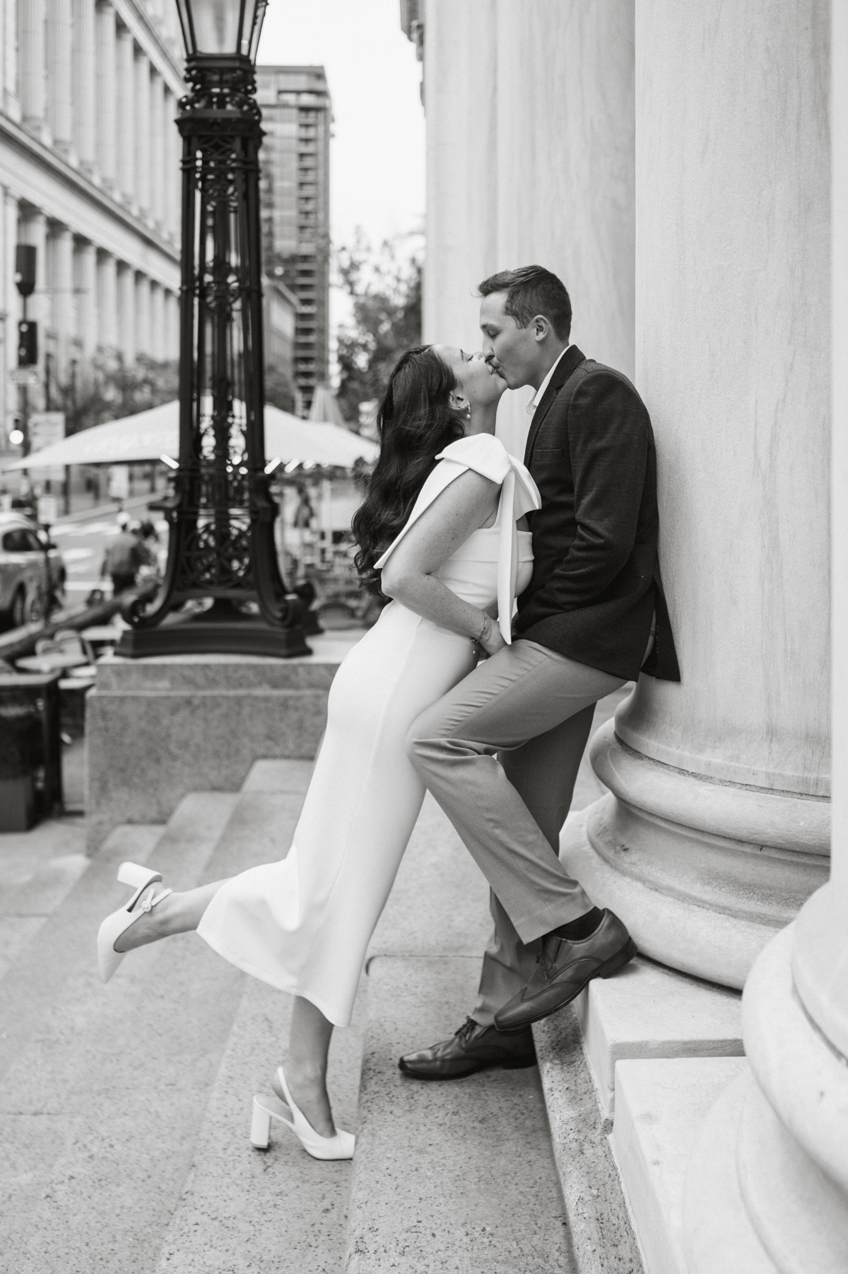 Black and white City Hall engagement portrait